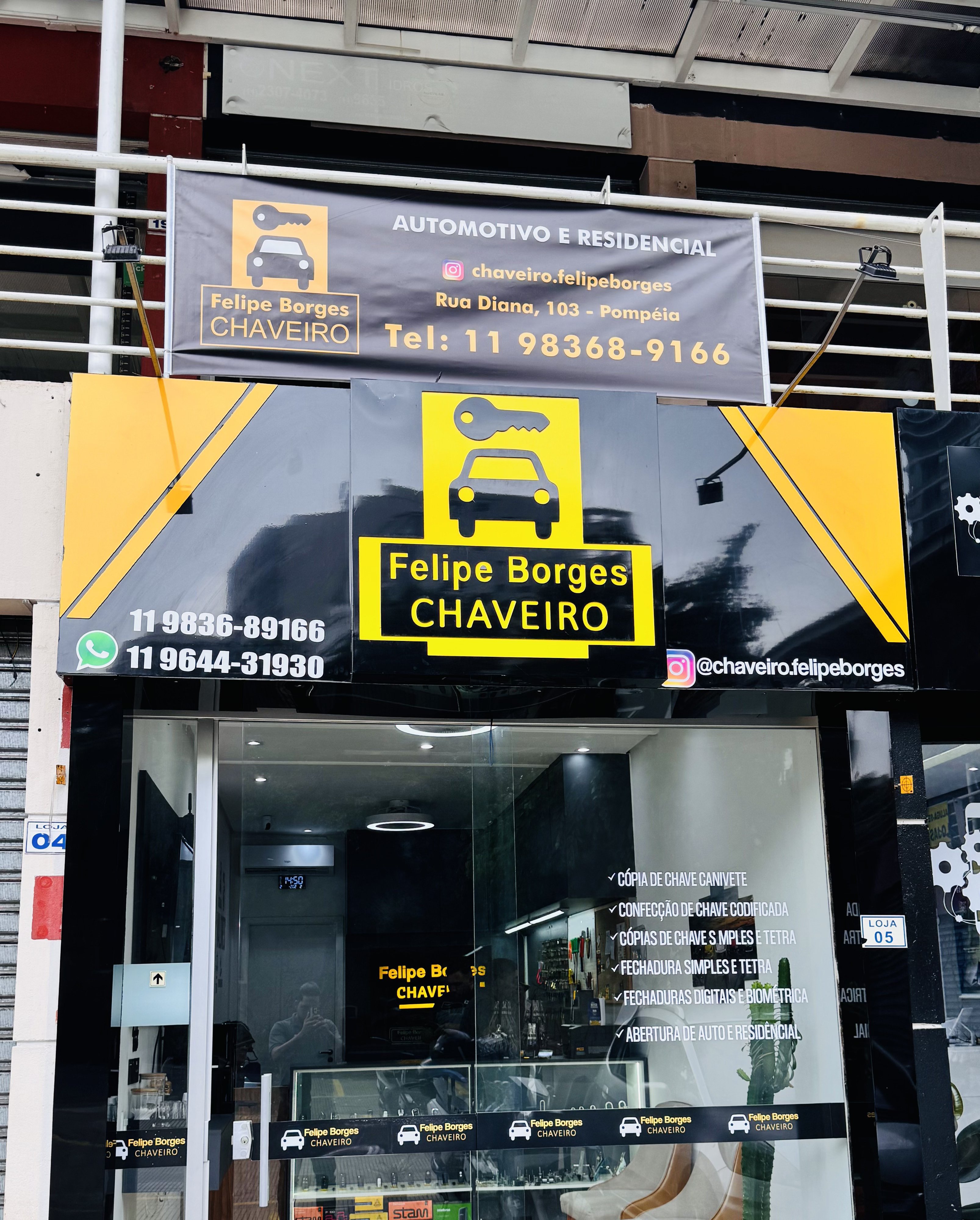 Fachada da loja Felipe Borges Chaveiro — Rua Diana 103, Pompeia, São Paulo